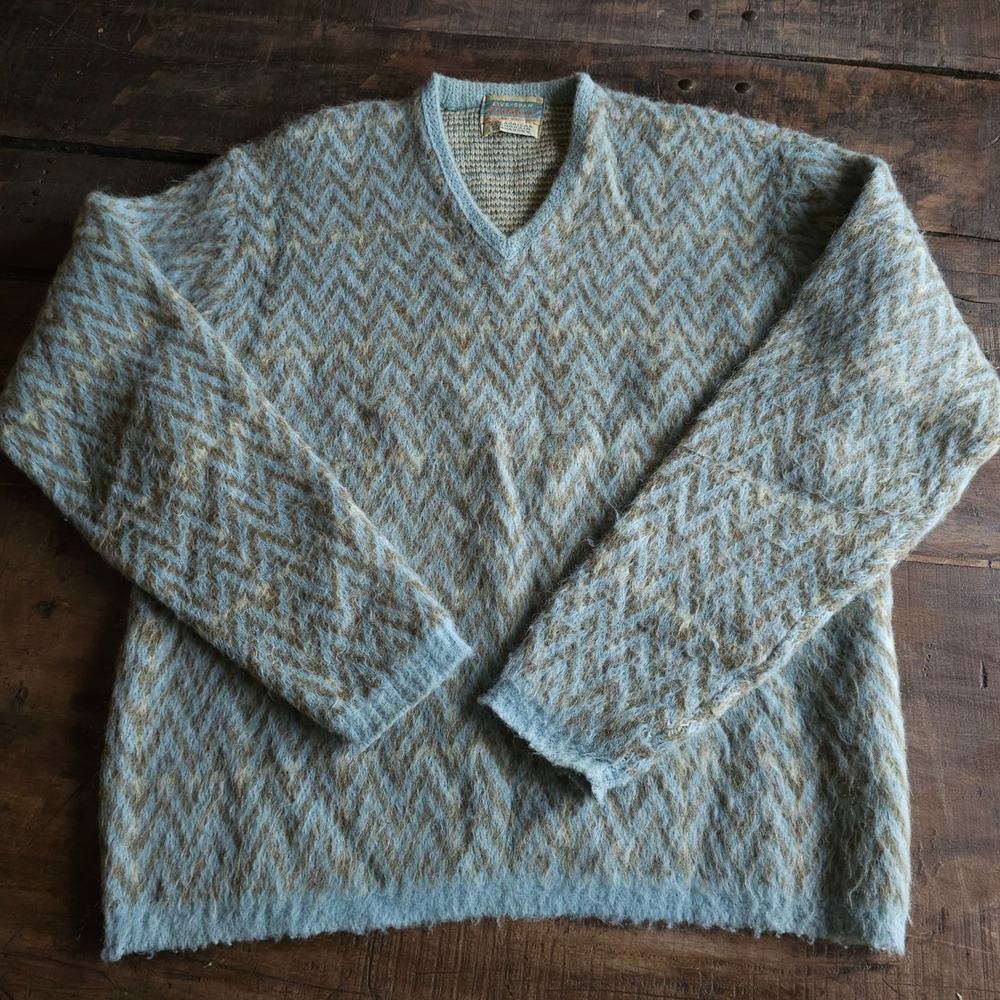 Vintage Catalina Mohair Blend V-Neck Sweater XL Blue Tan Zigzag Fuzzy Knit 1960s